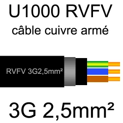 câble électrique armé renforcé âme cuivre U1000 RVFV 3 conducteurs section 2.5mm²