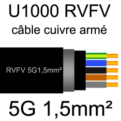 câble électrique armé renforcé âme cuivre U1000 RVFV 5 conducteurs section 1.5mm²