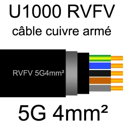 câble électrique armé renforcé âme cuivre U1000 RVFV 5 conducteurs section 4mm²