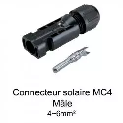 connecteur solaire photovoltaique mâle MC4 vue du boitier et du connecteur métal