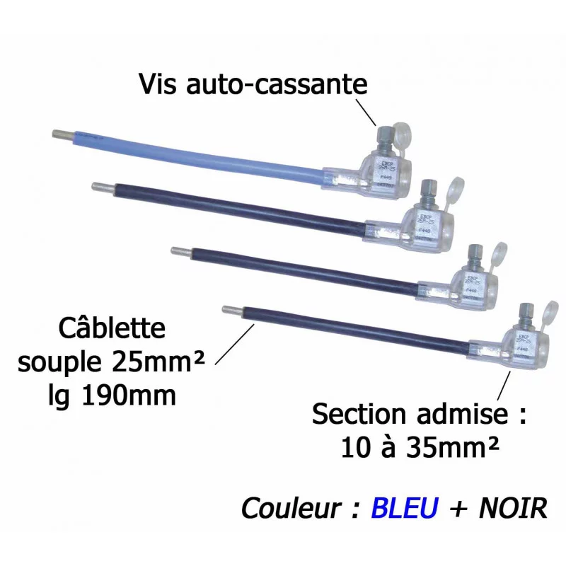 ensemble de 4 embouts réducteurs de section 35mm² vers 25mm² noir et bleu vue avec vis à tête fusible
