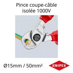 pince coupe cable isolée 1000V marque knipex 95 16 165 vue de la pince qui coupe un fil électrique vert et jaune