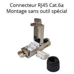 Connecteur RJ45 cat.6a pour câble réseau Ethernet à montage rapide sans outil spécial en vue avec connecteur ouvert